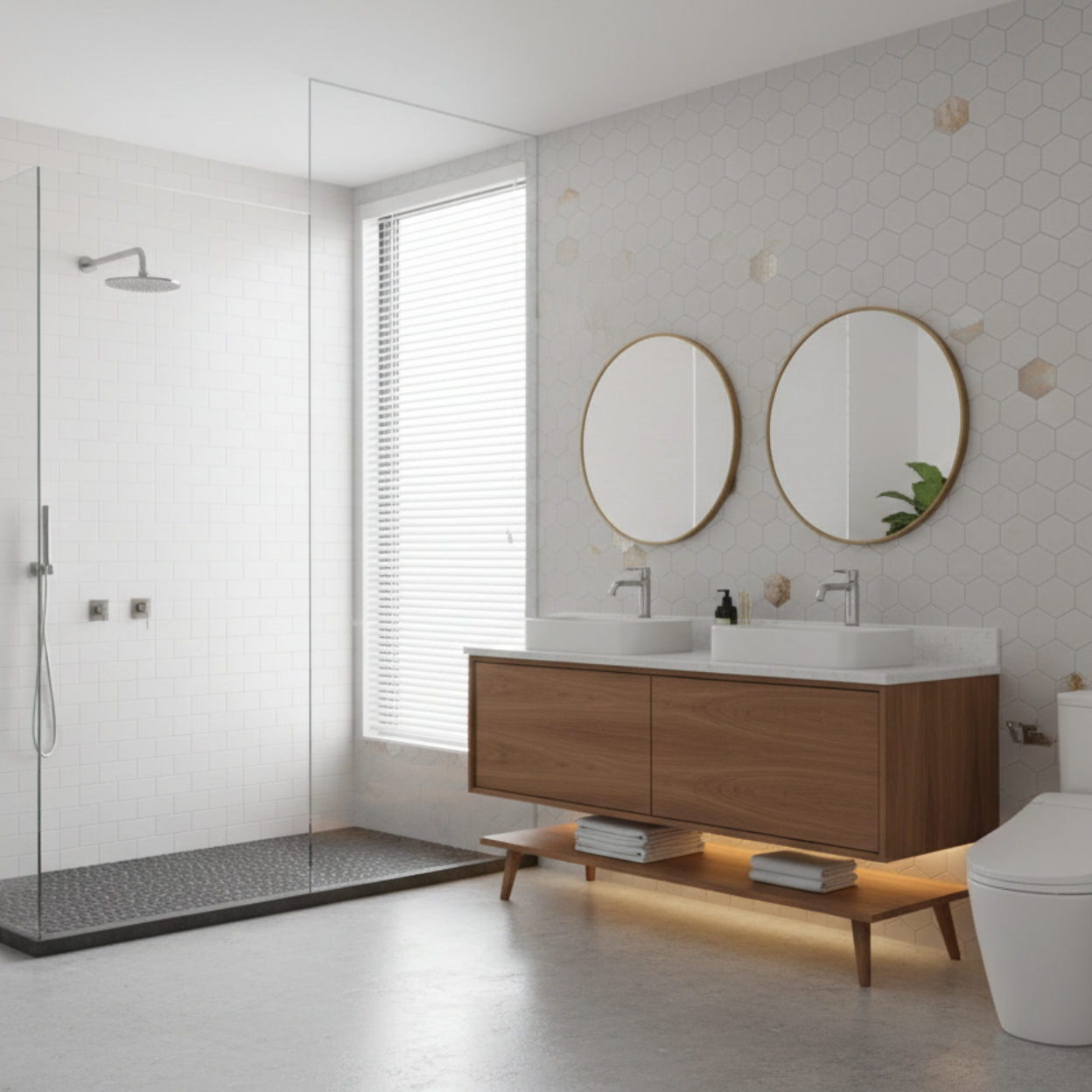 a Beautiful bathroom with borderless shower and washlet toilet. Midcentury vanity with double sink