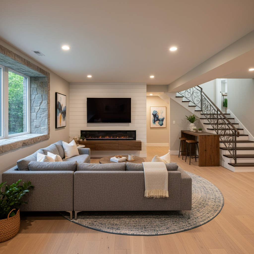 a finished and furnished basement. with TV and sofa. egress window. Stairs going to main floor. Square image